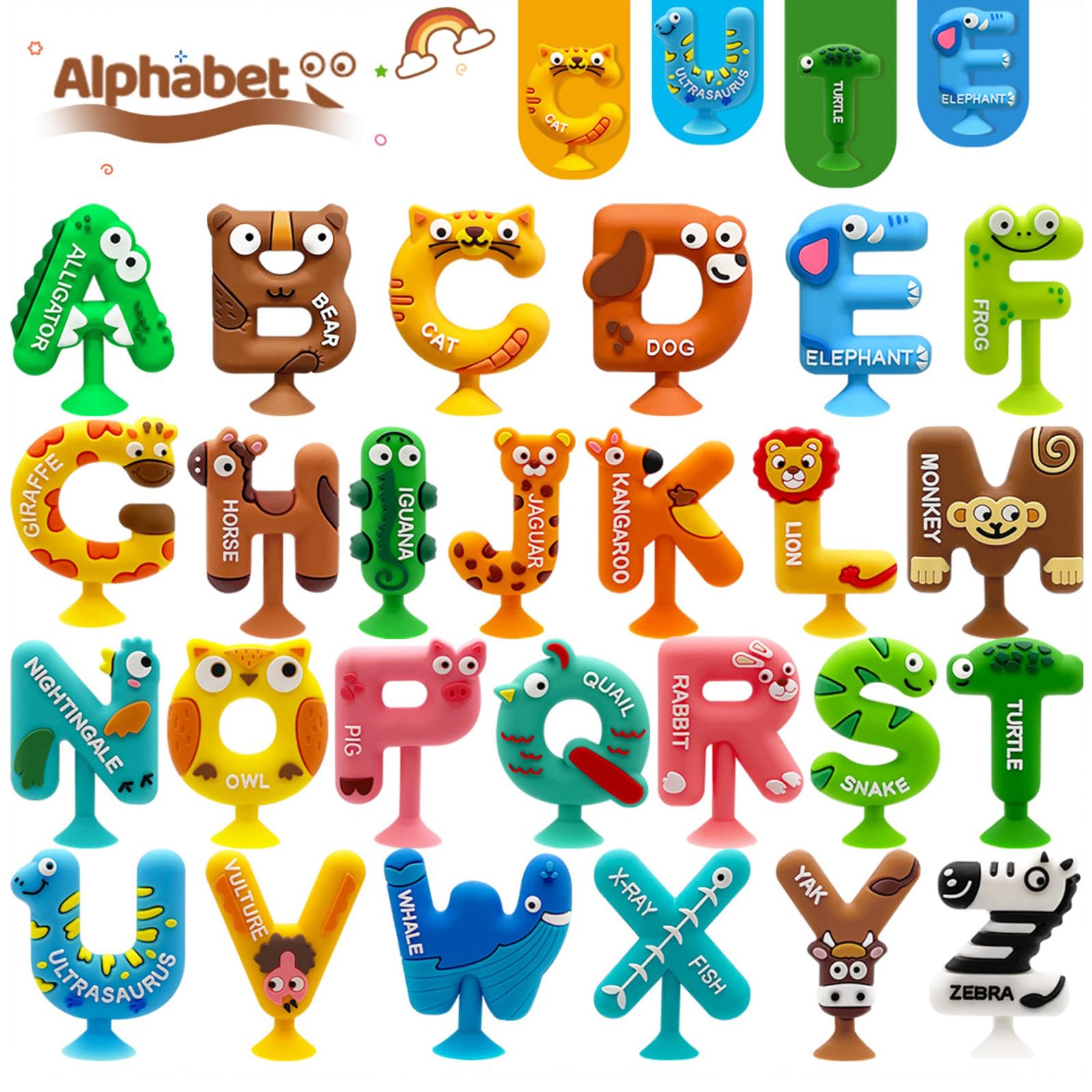 Kitysey 26-piece alphabet bath toy set with animal letters for early learning during bath time.