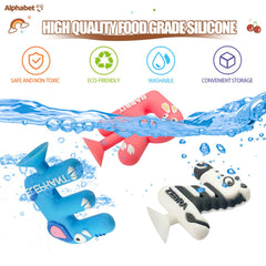 Kitysey animal-letter characters with suction cups for sensory play on tub walls.