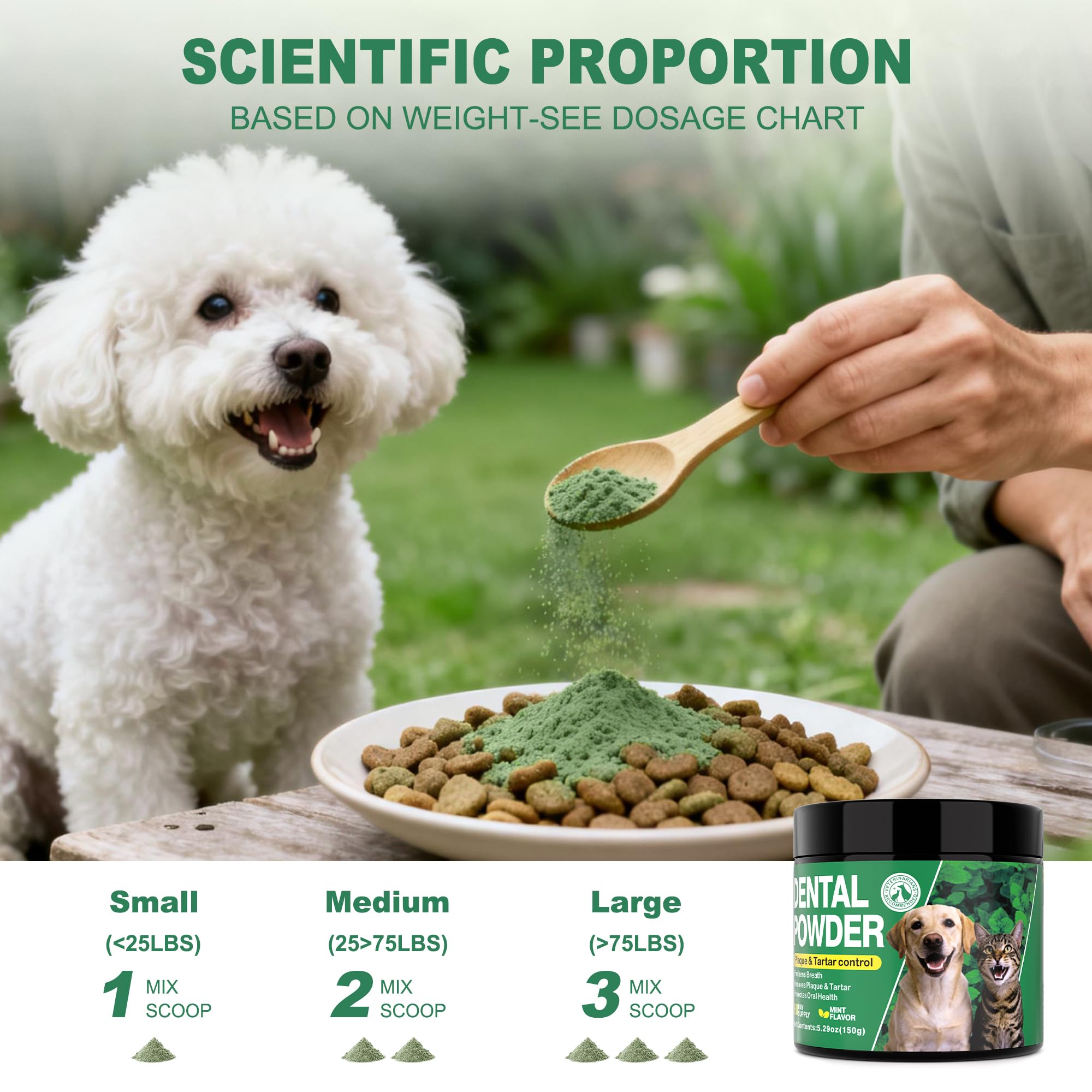 Kiuquty dental powder with green tea and mint provides long-lasting fresh breath for pets.