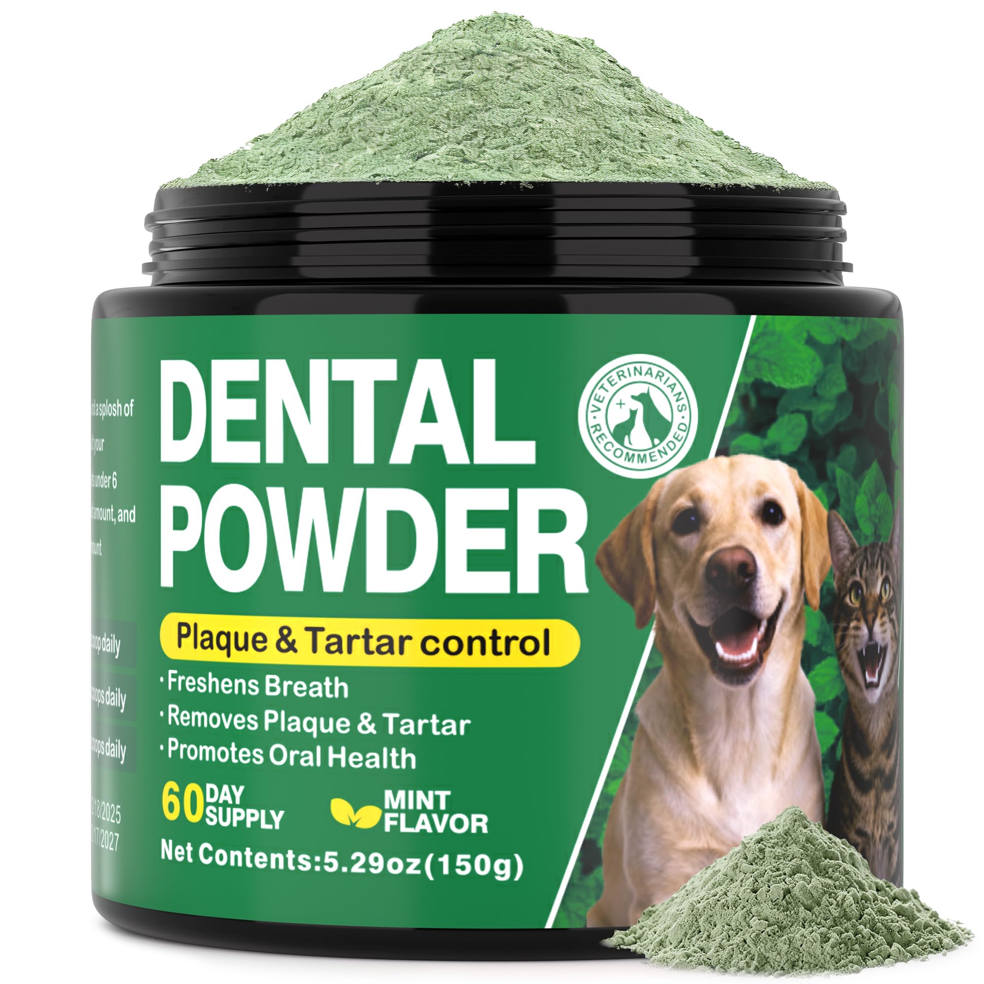 Kiuquty dog dental powder bottle shows a two-month supply for ongoing pet oral care.