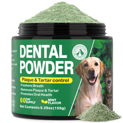 Kiuquty dog dental powder bottle shows a two-month supply for ongoing pet oral care.