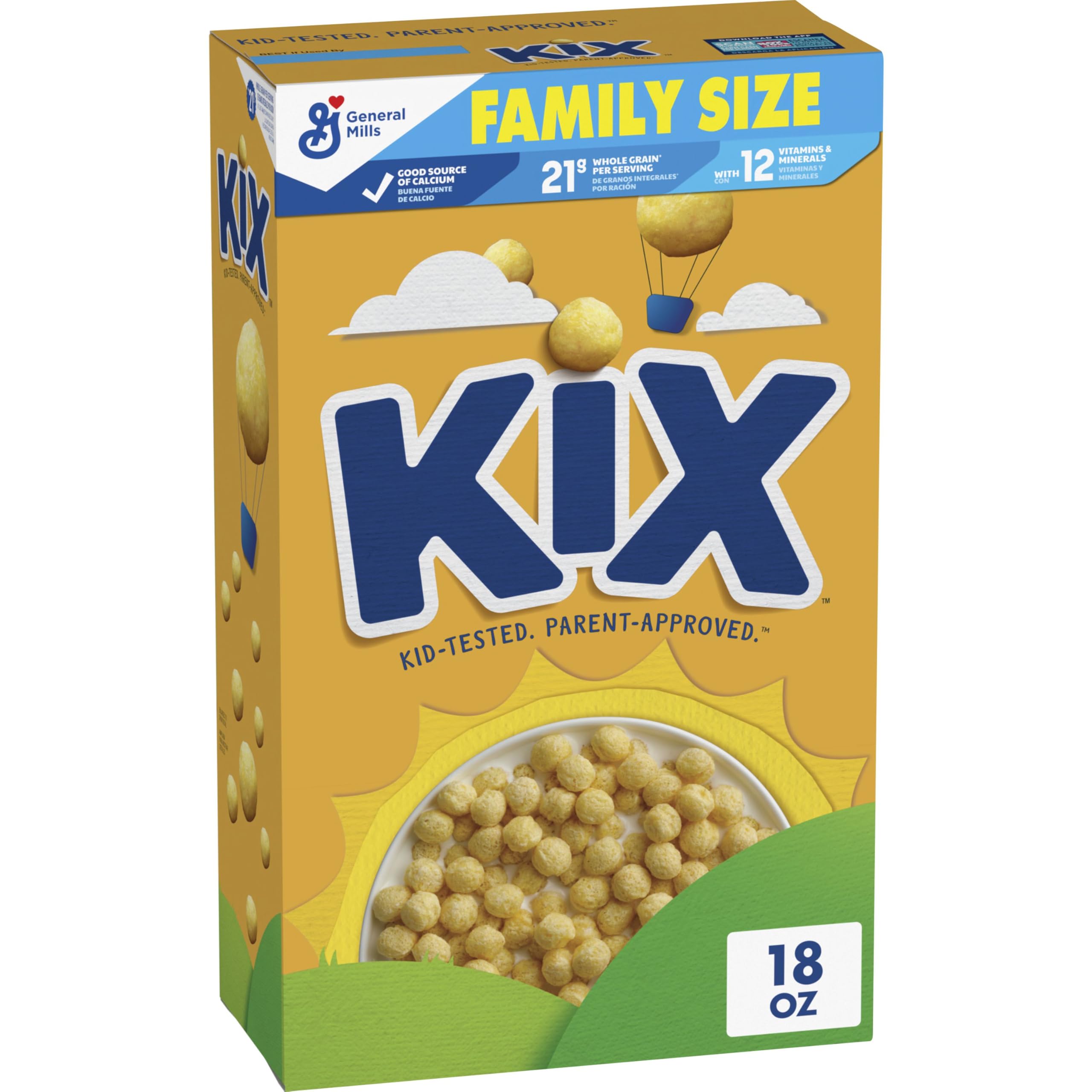Kix whole-grain breakfast cereal box showing crispy corn puffs for a wholesome morning.