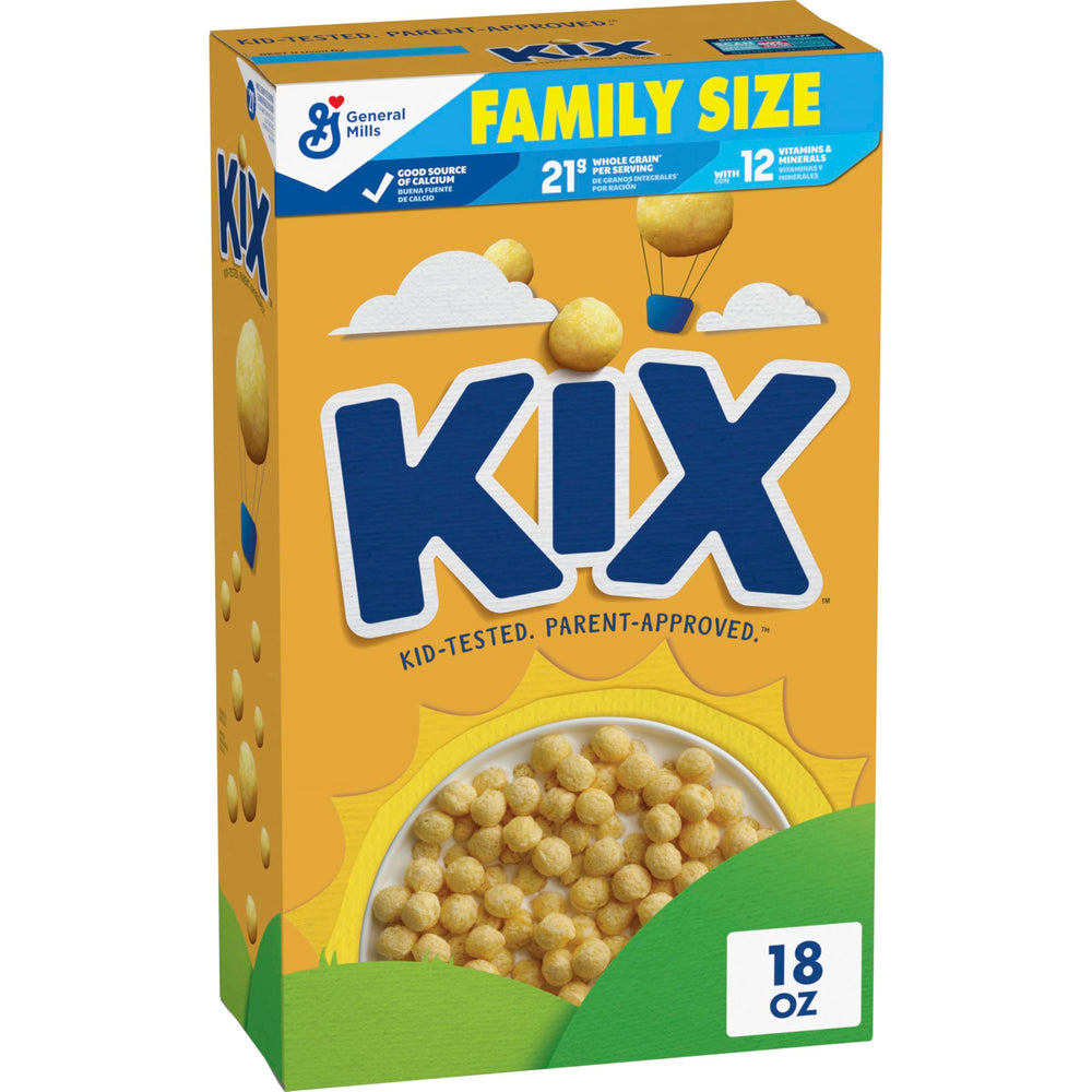 Kix whole-grain breakfast cereal box showing crispy corn puffs for a wholesome morning.
