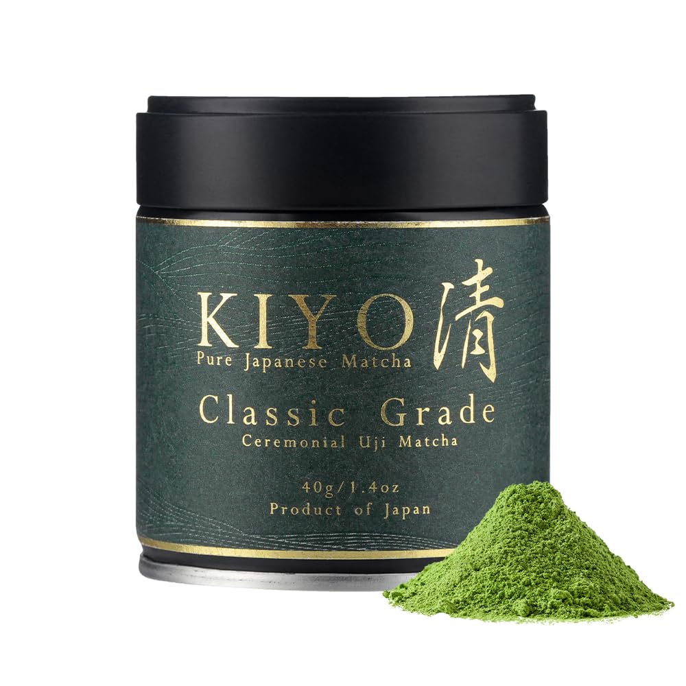 Kiyo Matcha Classic Hatsumukashi whisk setup beside cup for mindful tea ritual.