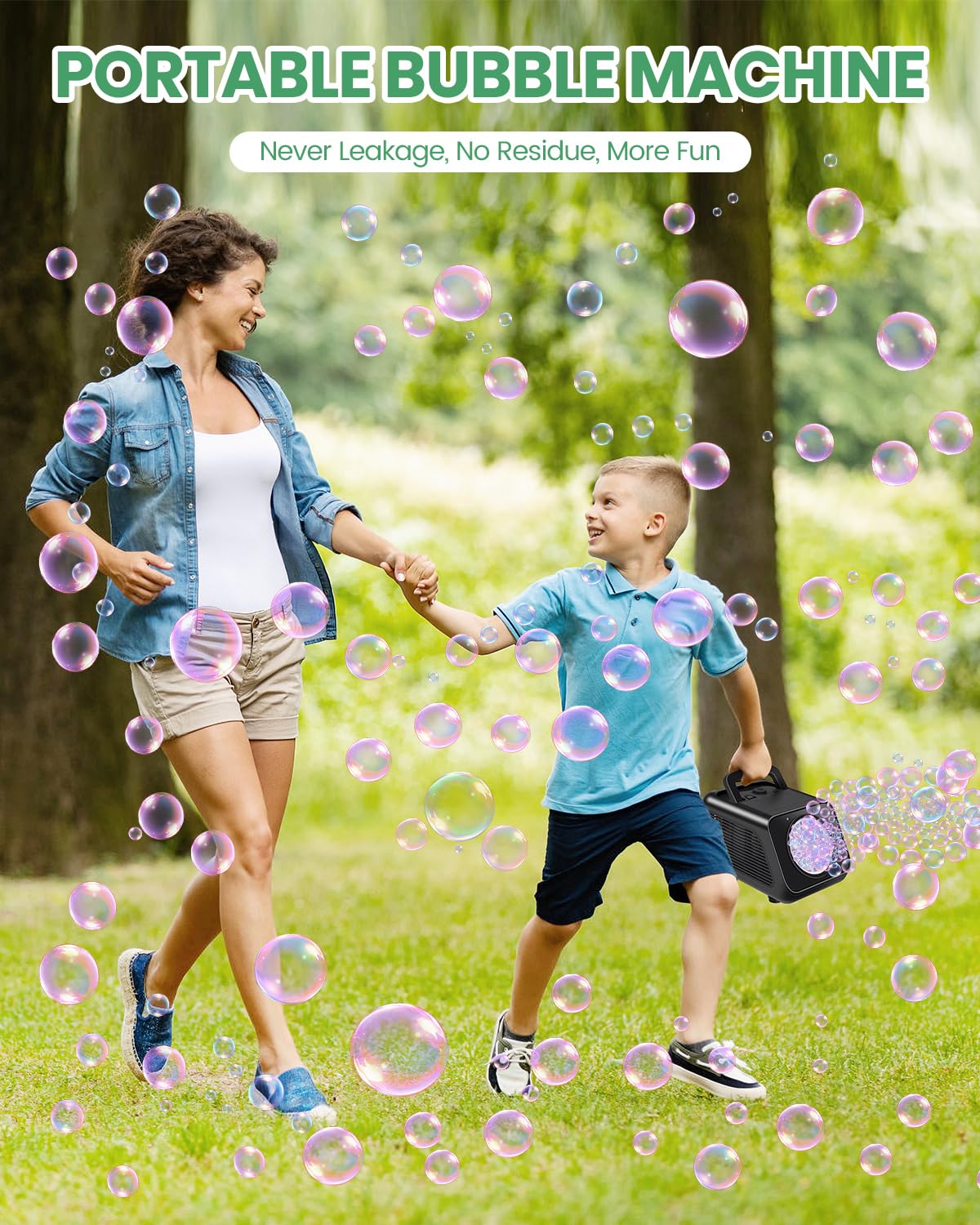 Kizmore Bubble Machine child playing nearby enjoying bubbles.