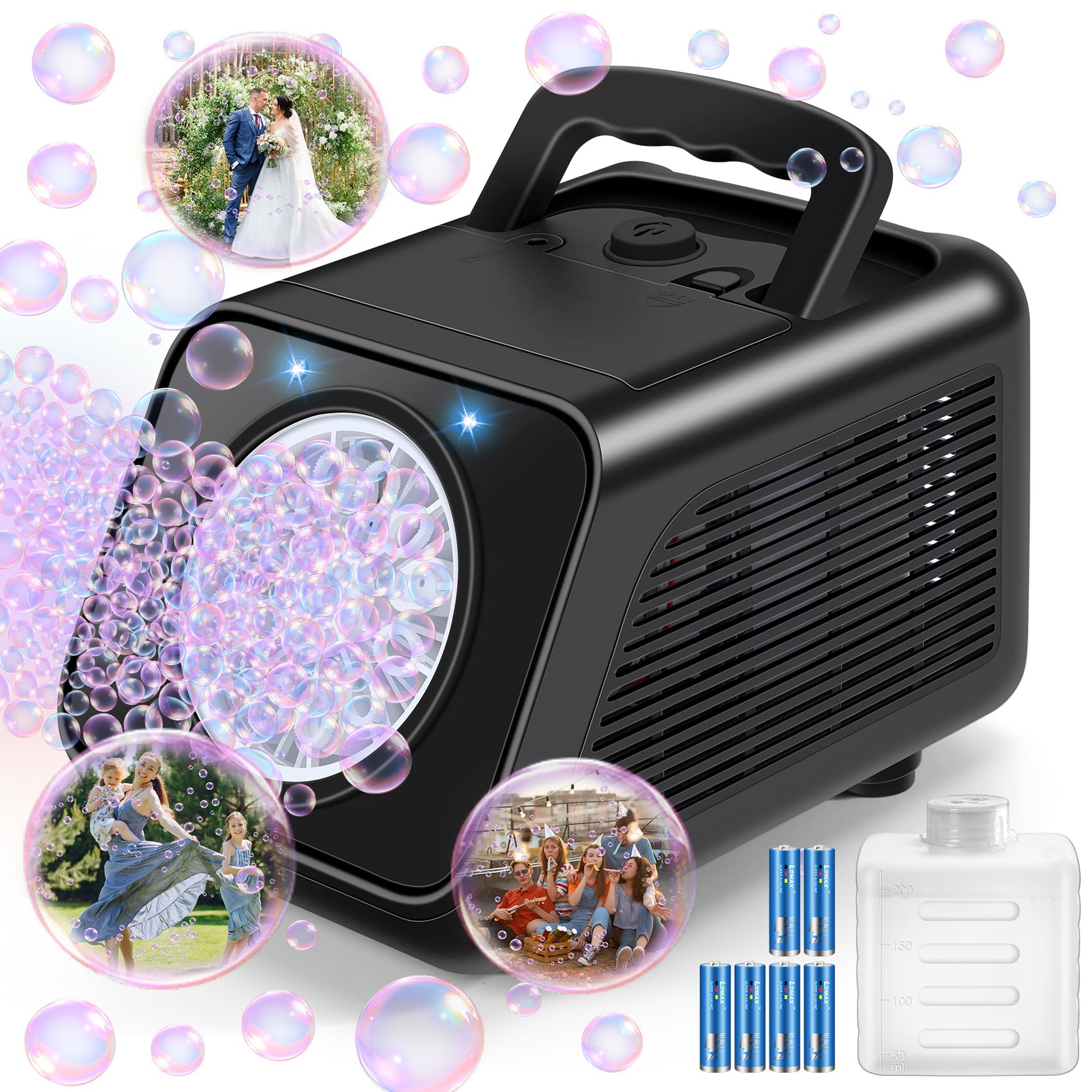 Kizmore Bubble Machine front view, compact design for easy indoor and outdoor use.