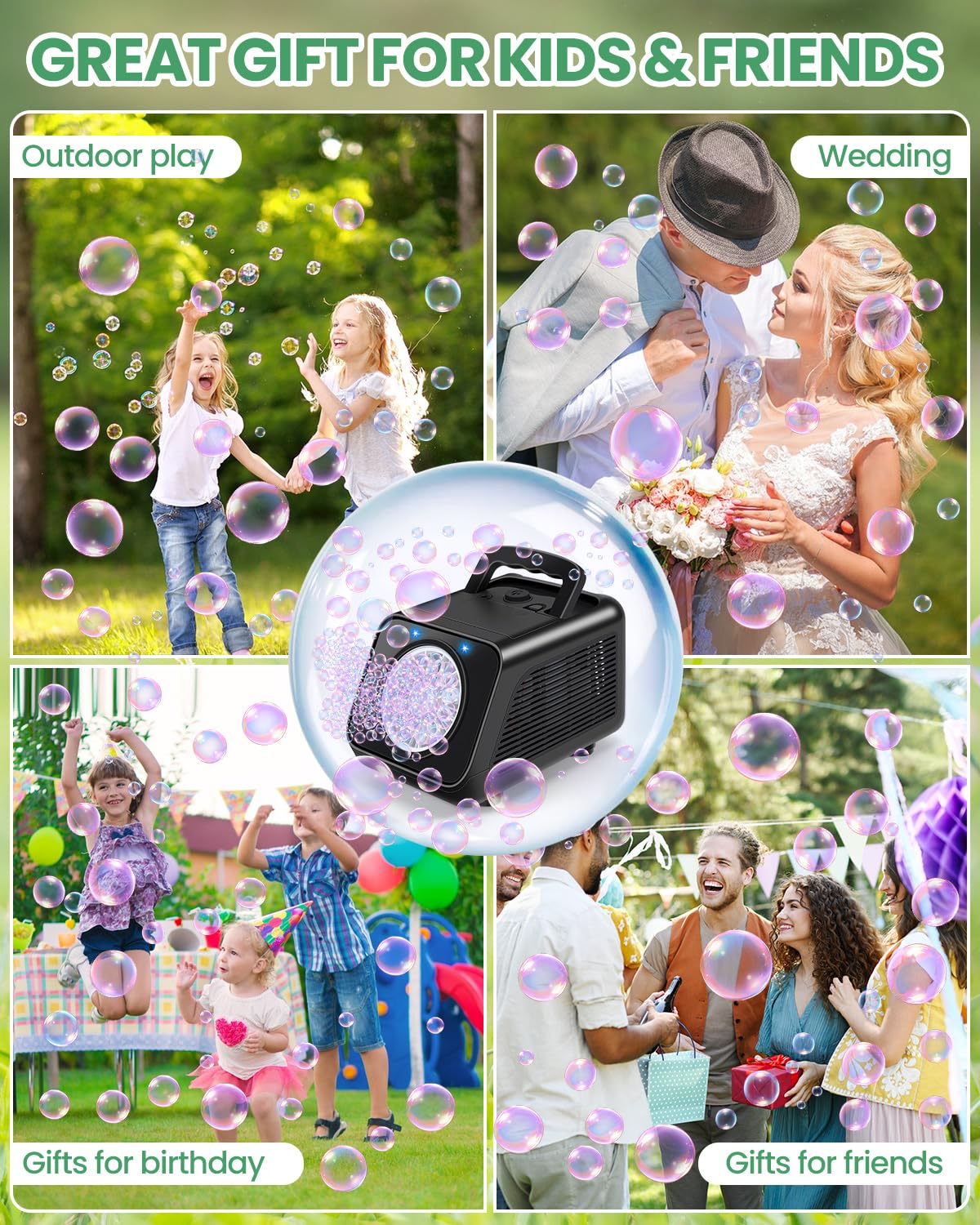 Kizmore Bubble Machine packaging box showing included batteries and solution.