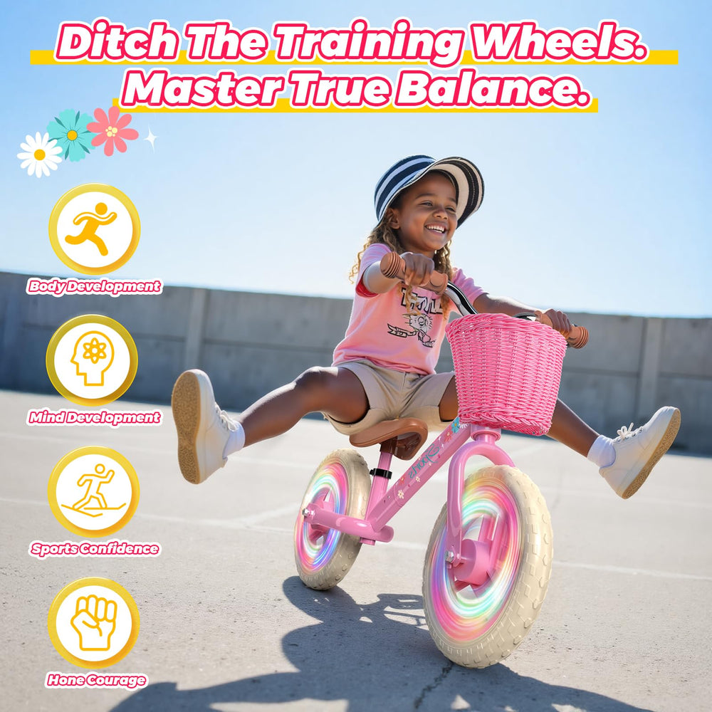 Kkdi balance bike pink basket detail highlights storage for toys and snacks