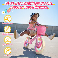 Kkdi balance bike pink basket detail highlights storage for toys and snacks