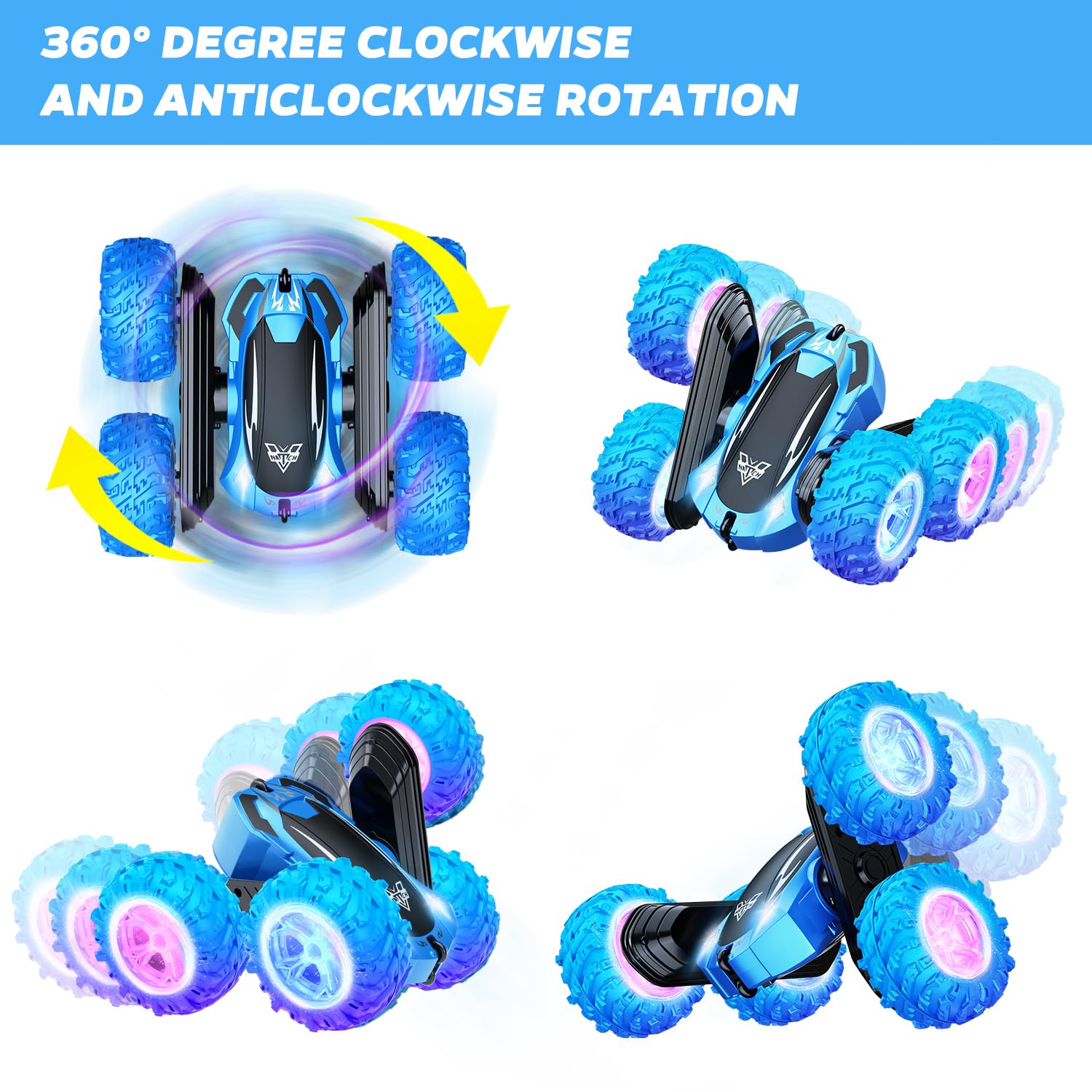 KKONES blue LED headlights illuminate night stunt races for dramatic visibility.