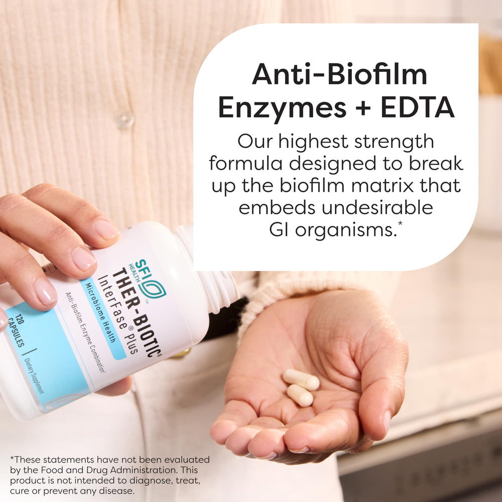 Klaire Labs Interfase Plus capsules closeup highlighting enzyme-based biofilm disruption.