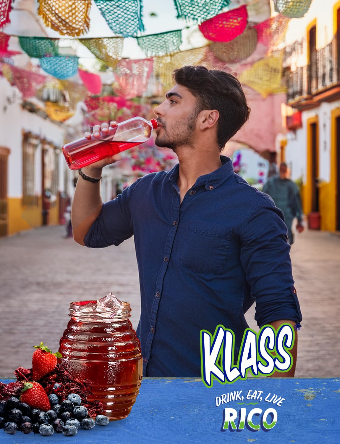 Klass Aguas Frescas Hibiscus Berries and Pineapple Tangerine flavor display.