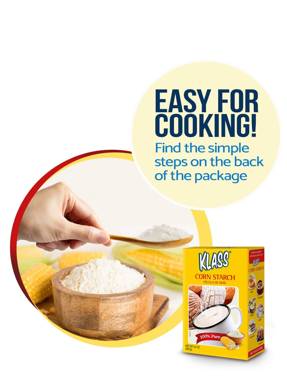 Klass corn starch gluten-free texture shown in a recipe-ready scene