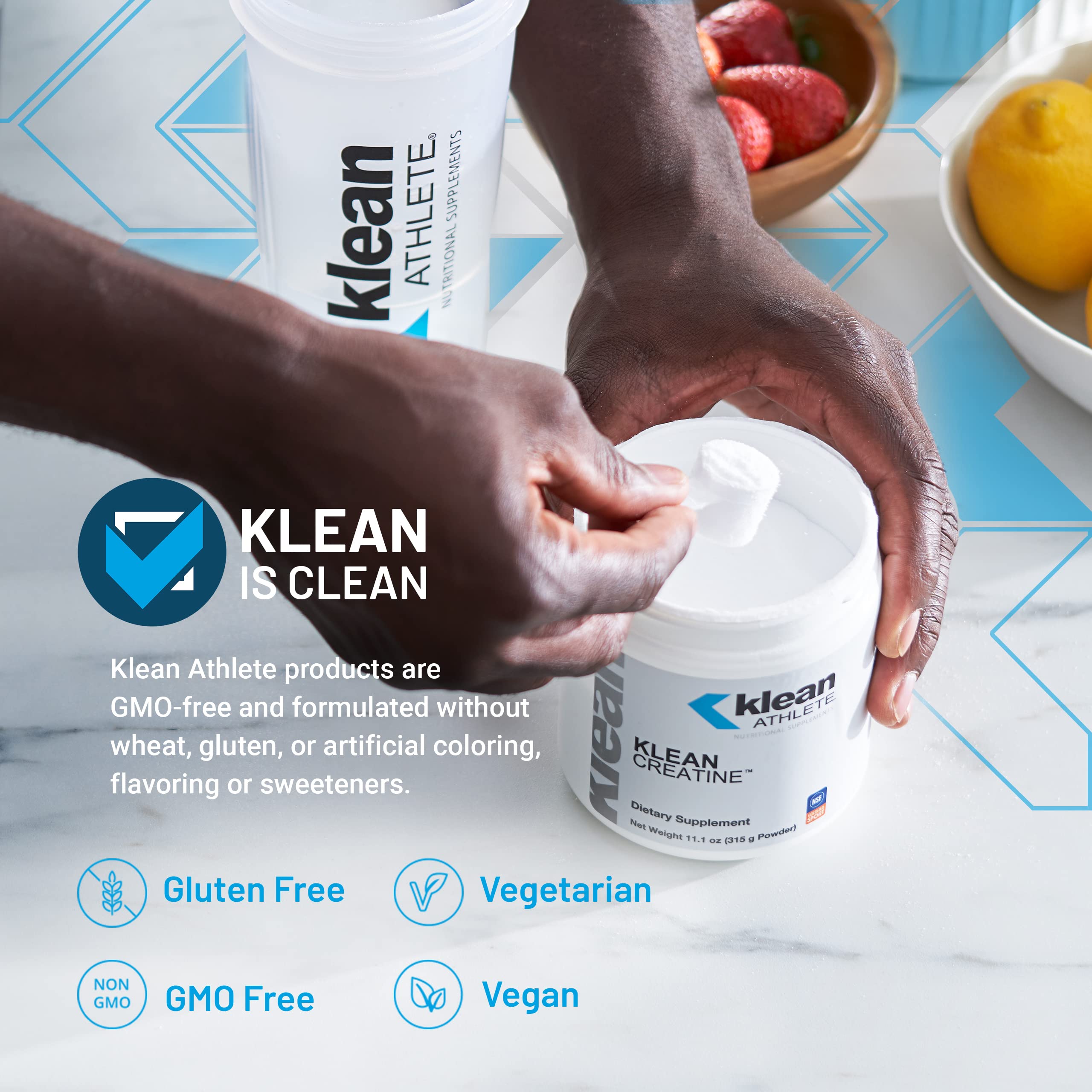 Klean Creatine label with NSF Certified for Sport logo ensuring trust.