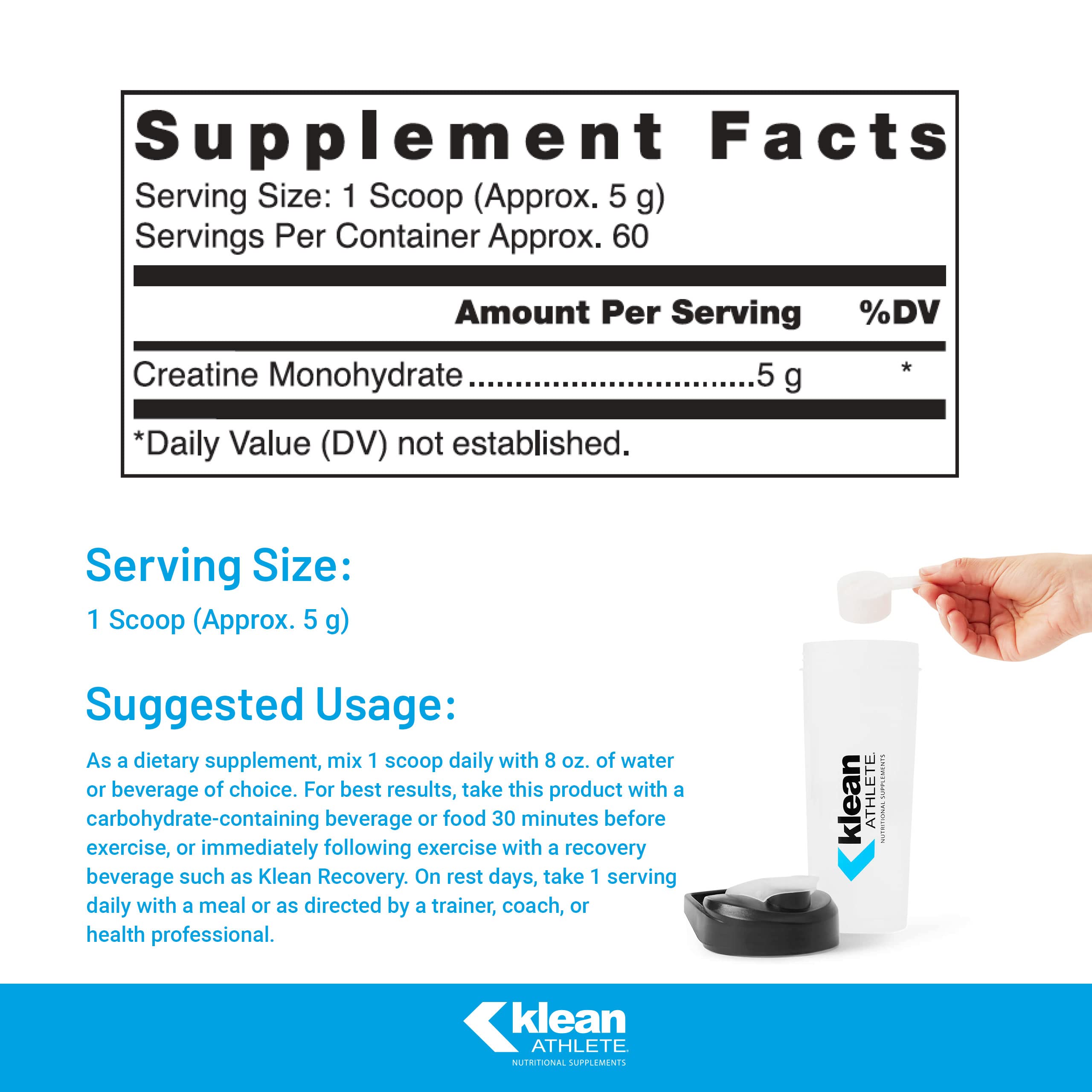 Close-up of Klean Creatine unflavored powder for easy mixability.