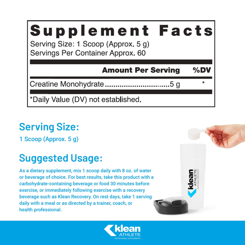 Close-up of Klean Creatine unflavored powder for easy mixability.