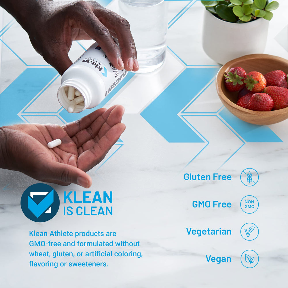 Klean Magnesium capsules closeup highlighting vegan-friendly capsules for athletes.