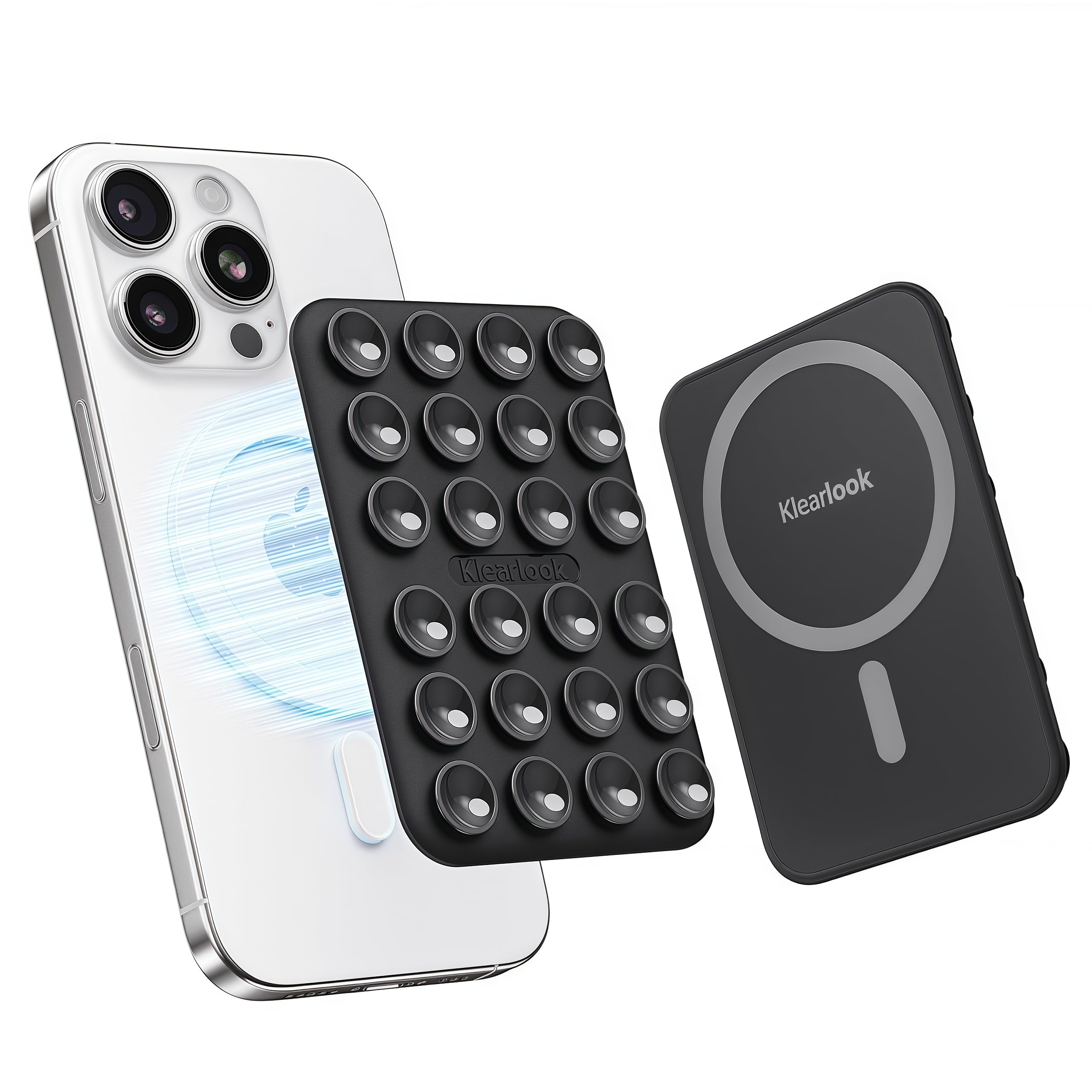 Klearlook magnetic suction mount on glass surface for secure hands-free use.