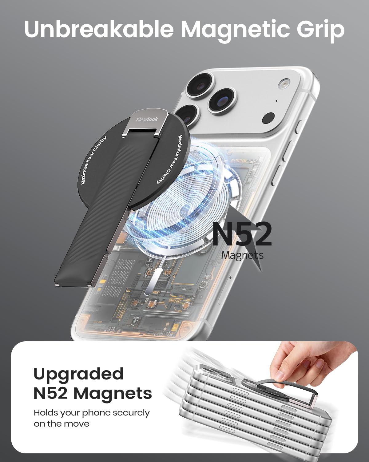 Klearlook compatibility image noting iPhone 12–17 support with MagSafe cases