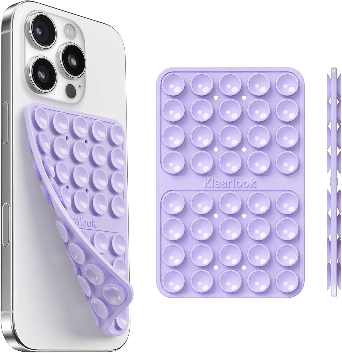 Klearlook lavender silicone suction cup phone mount on glass for hands-free use.