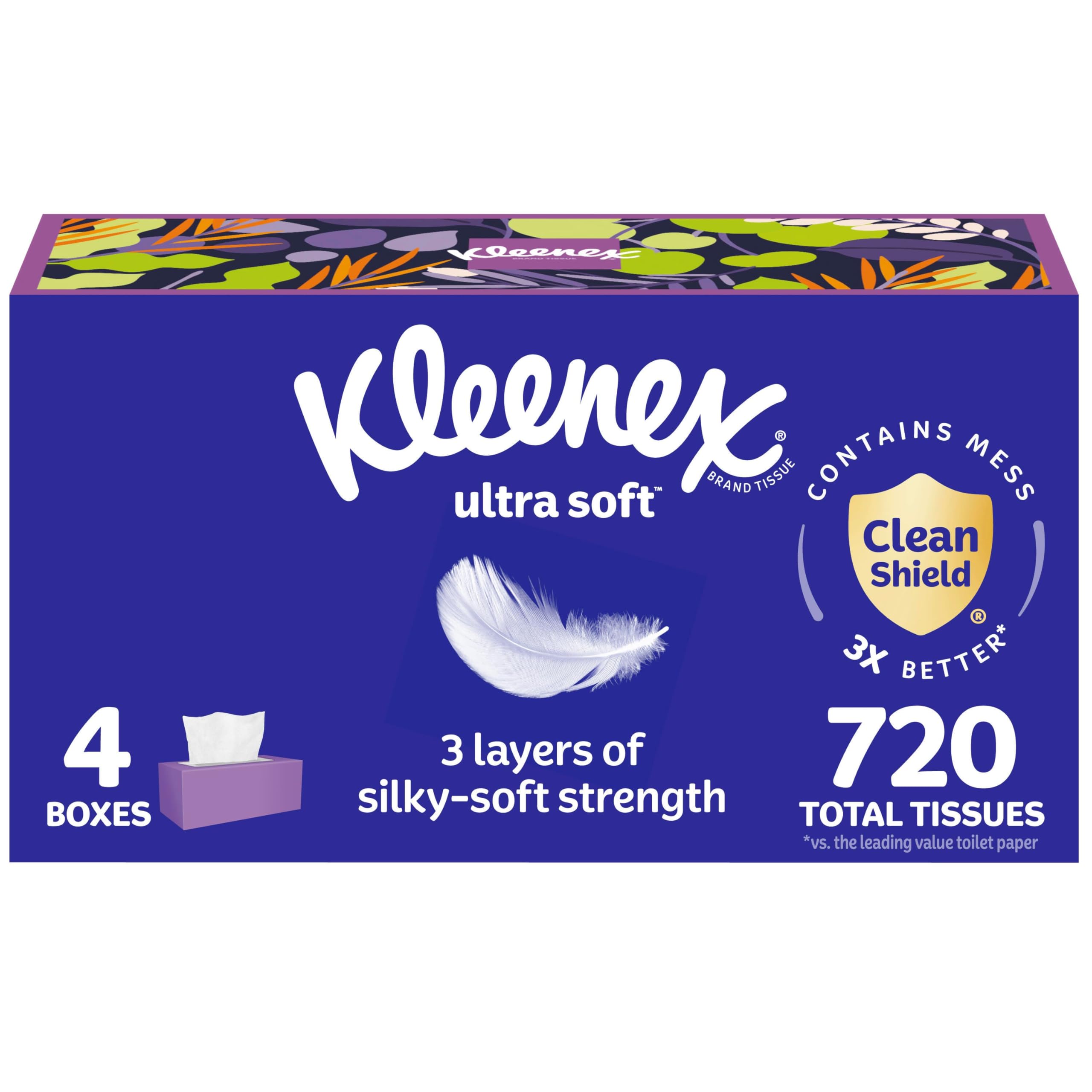 Kleenex Ultra Soft packaging displays 3-ply comfort for daily use.