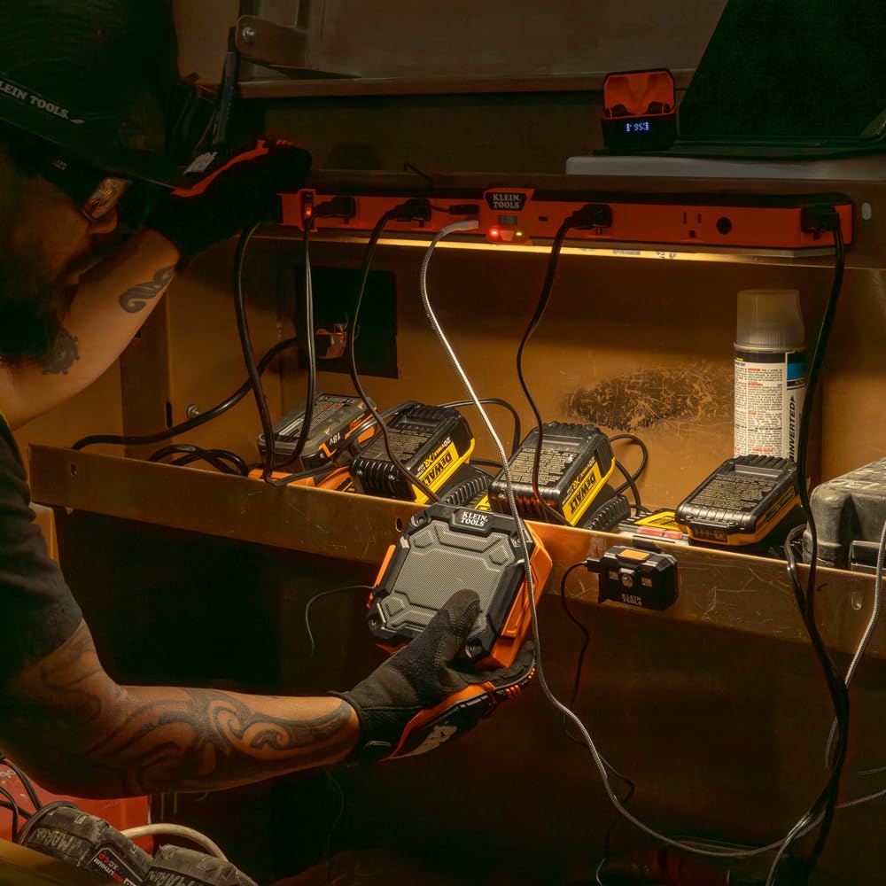 Klein Tools 29602 USB-A ports keep phones powered during work.