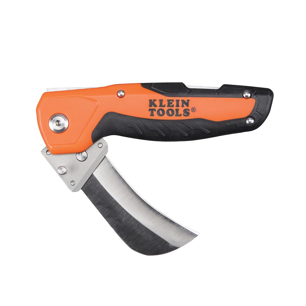 Stainless steel hawkbill blade on Klein Tools 44218 provides curved cuts