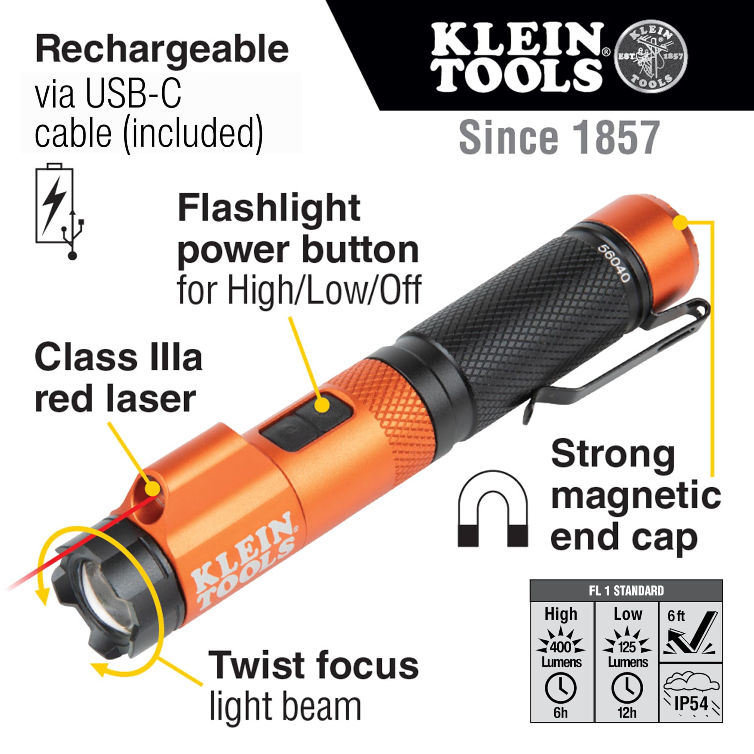 Klein Tools 56040 twist focus bezel demonstrates adjustable beam from spot to flood