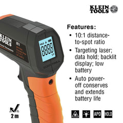 Klein Tools IR1 backlit display for easy readings in dim spaces.