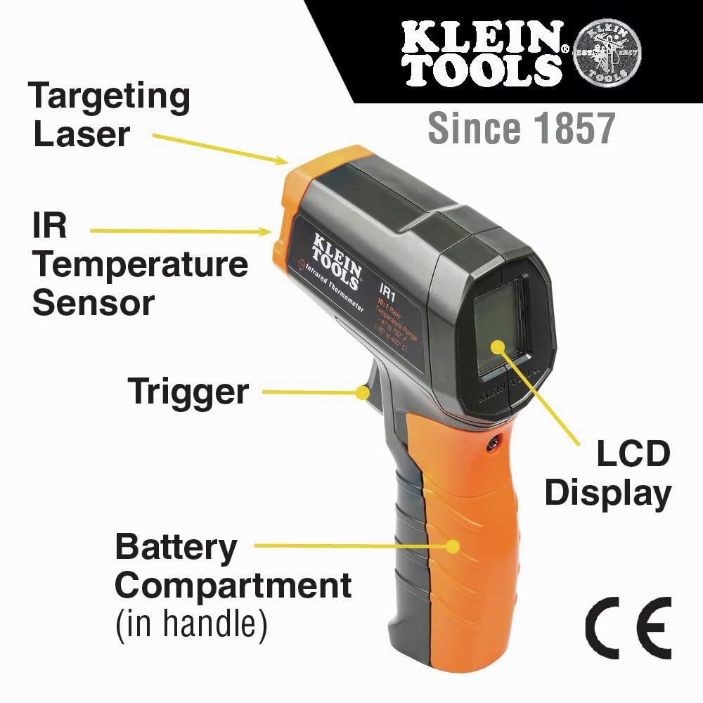 Klein Tools IR1 shows a wide -4 to 752°F range for versatile measurements.