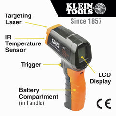 Klein Tools IR1 shows a wide -4 to 752°F range for versatile measurements.