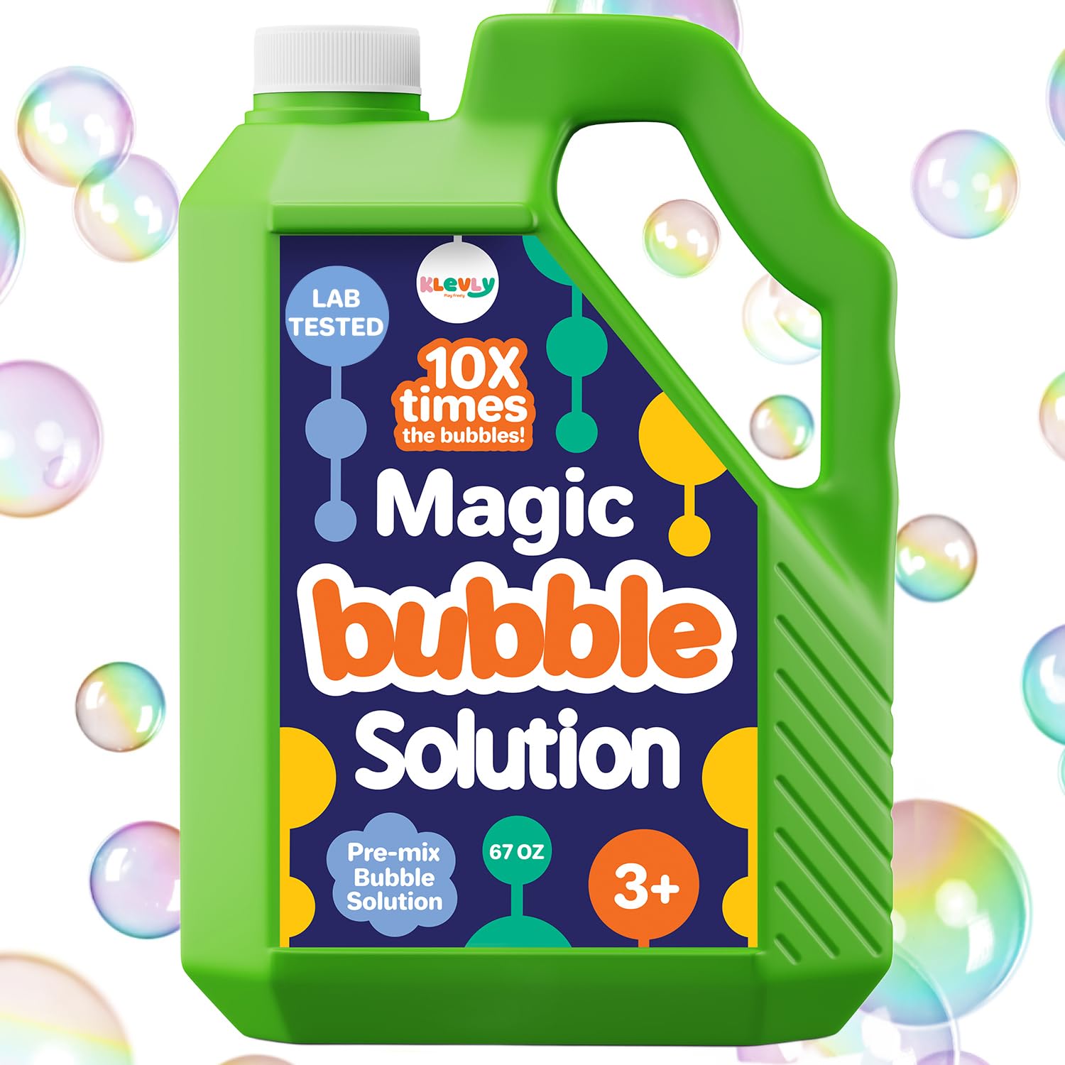 Klevly 67oz iridescent bubble solution refill front view showing ready-to-use bottle