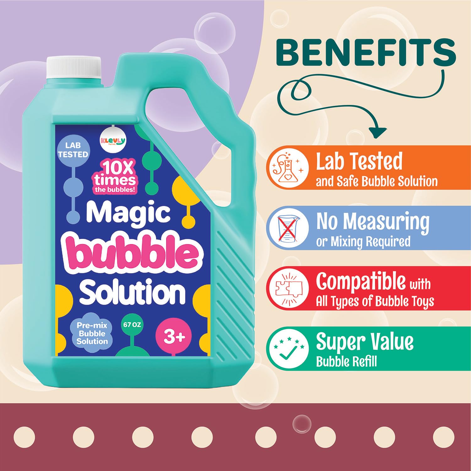 Klevly refill bottle works with bubble machines and toys for continuous fun.