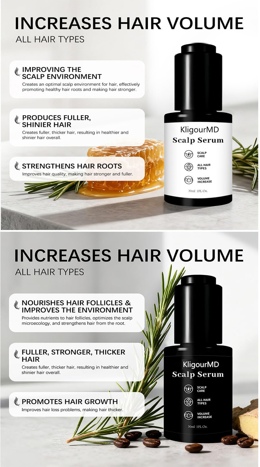 KligourMD hair serum bottle closeup highlighting clean formula for daily use