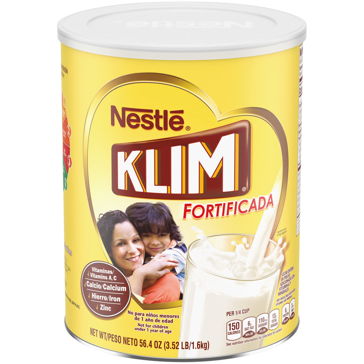 KLIM powdered milk packaging front highlights fortification for families.