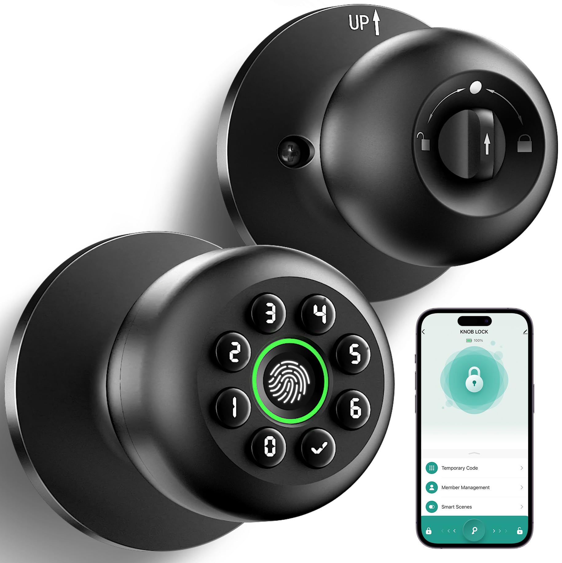 KLLOQUE fingerprint door lock front view with matte black finish for secure entry.