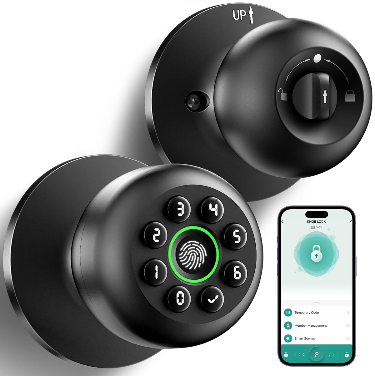 KLLOQUE fingerprint door lock front view with matte black finish for secure entry.