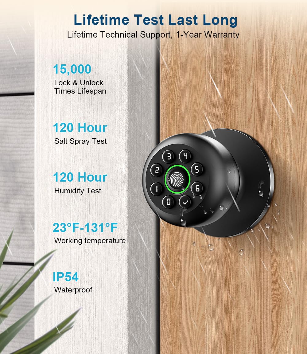 KLLOQUE fingerprint door lock installation diagram highlights universal US door compatibility.