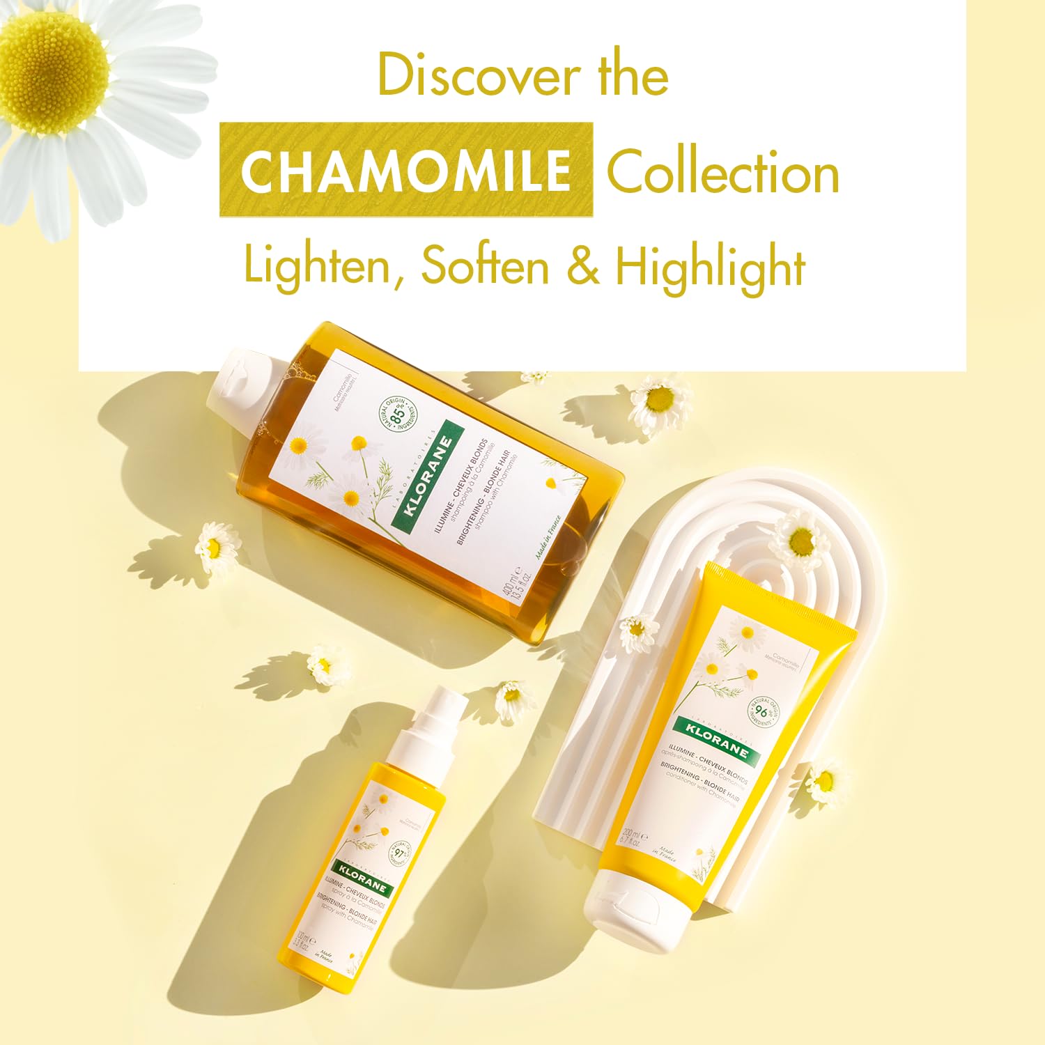 Klorane Chamomile flowers close-up highlights natural origin and purity.