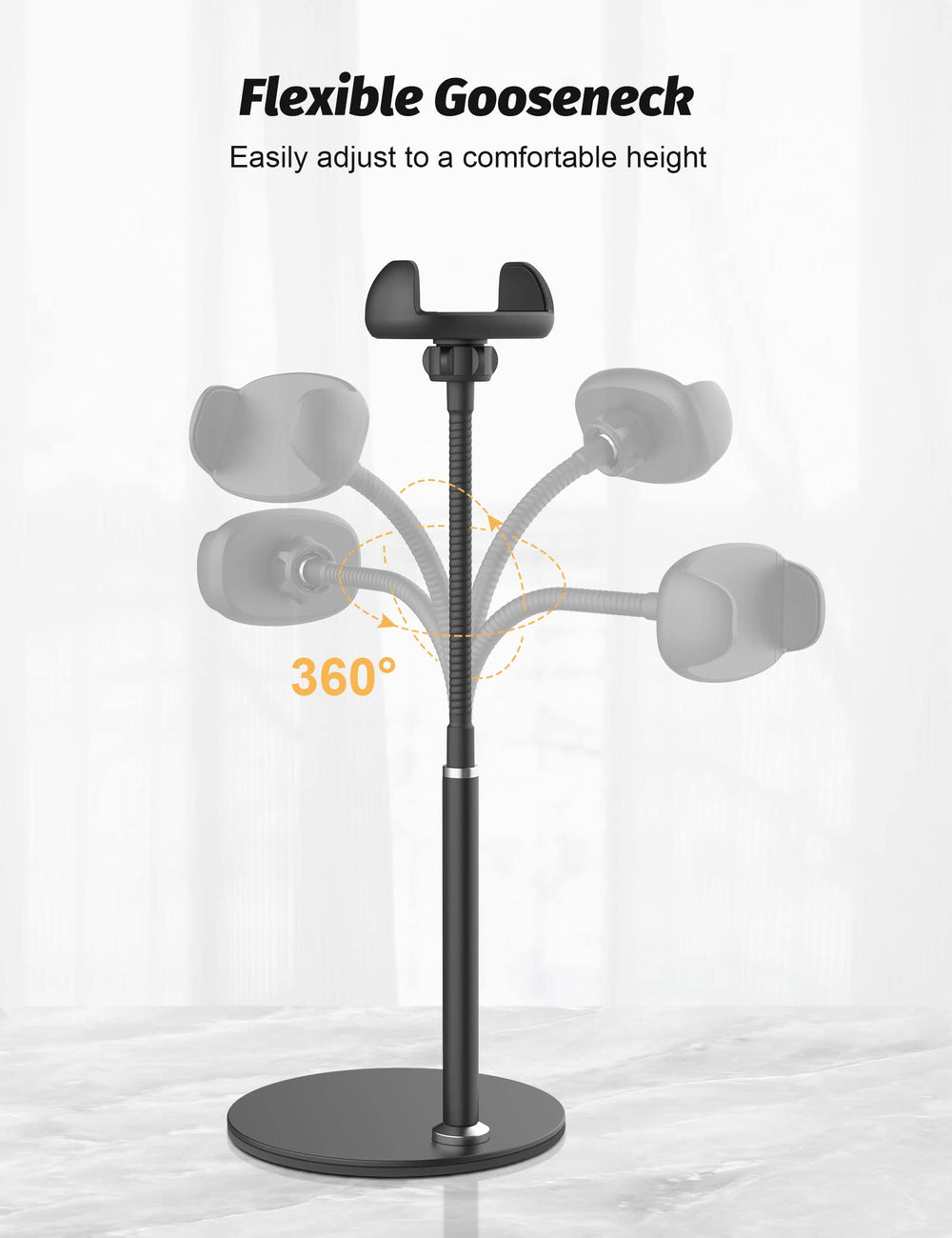 Klsniur clamp with thick-case protection secures a phone on the stand.