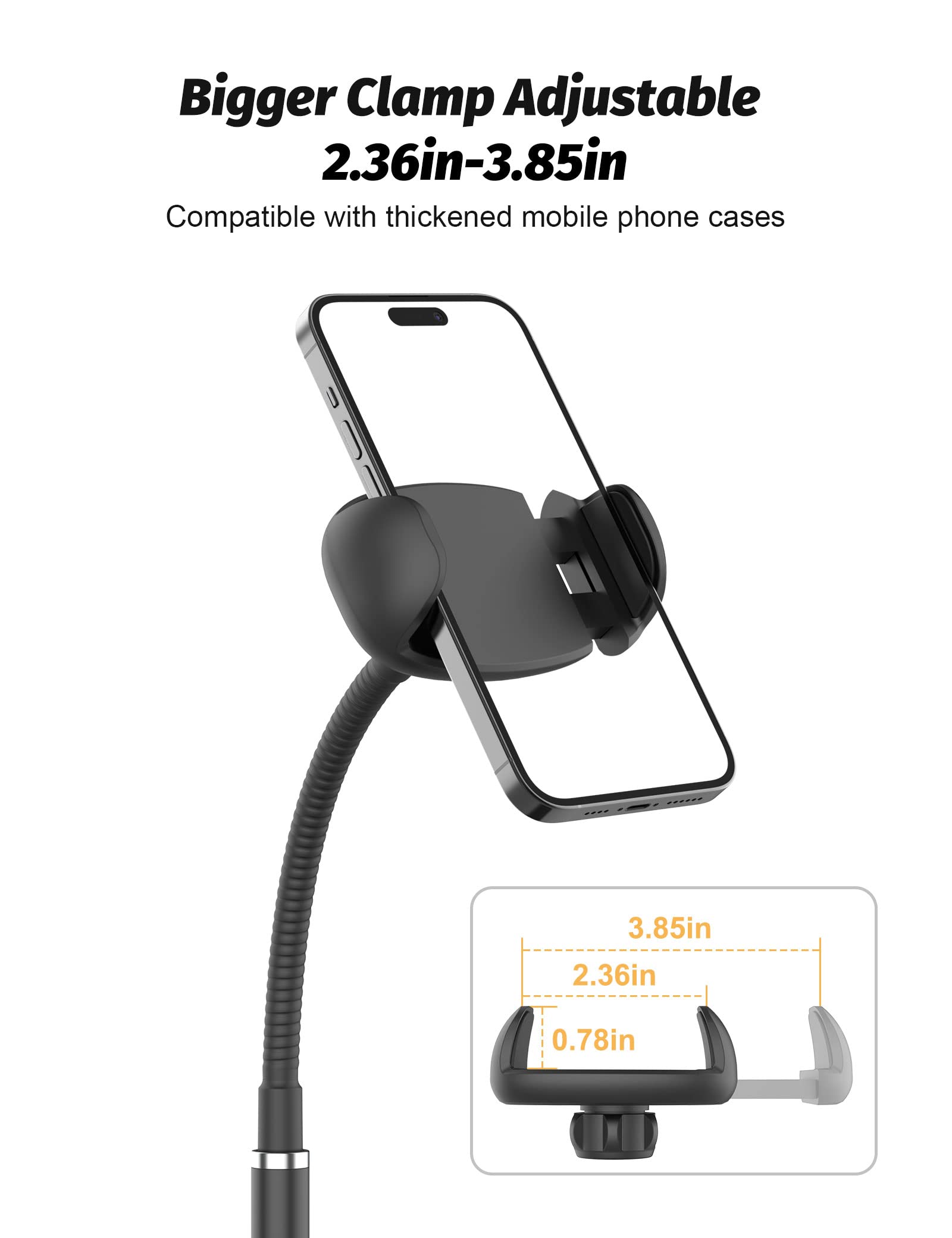 Klsniur cell phone stand gooseneck arm enabling flexible height and angle adjustments.