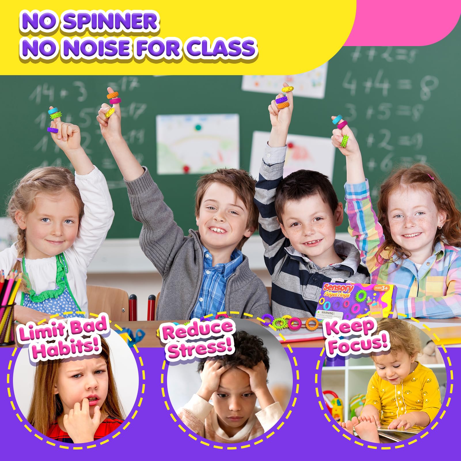 KLT classroom-use fidget rings on desk show discreet stress relief.