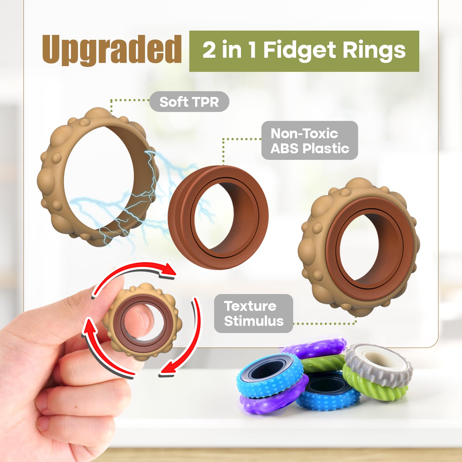 KLT fidget rings on desk setup shows portable, one-handed usability.