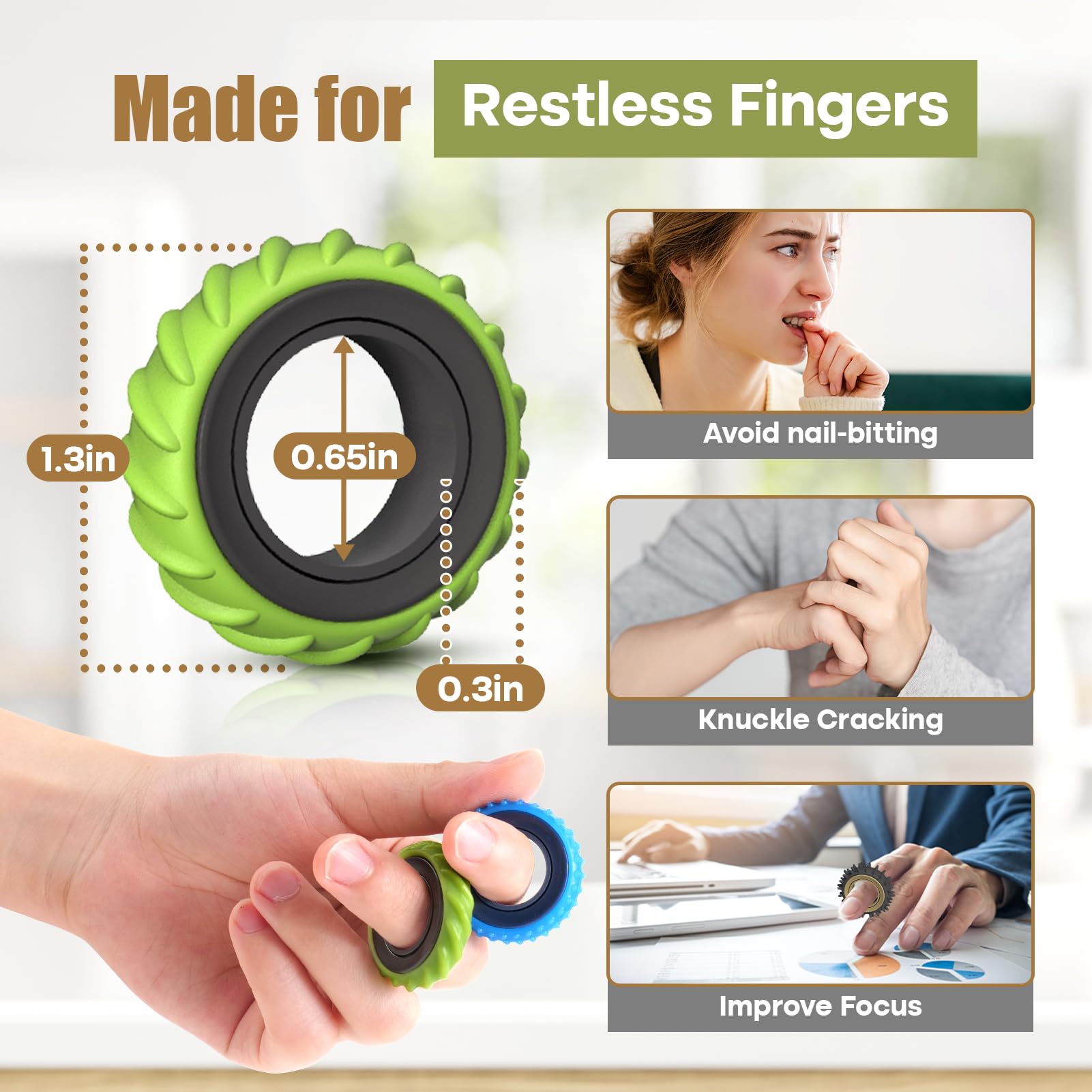 KLT fidget rings neutral colors product image conveying adult-friendly sensory tool.