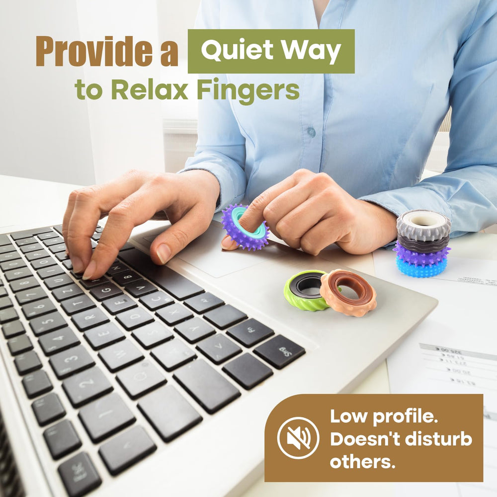 KLT fidget rings silicone outer layer closeup demonstrates quiet, distraction-free desk use.