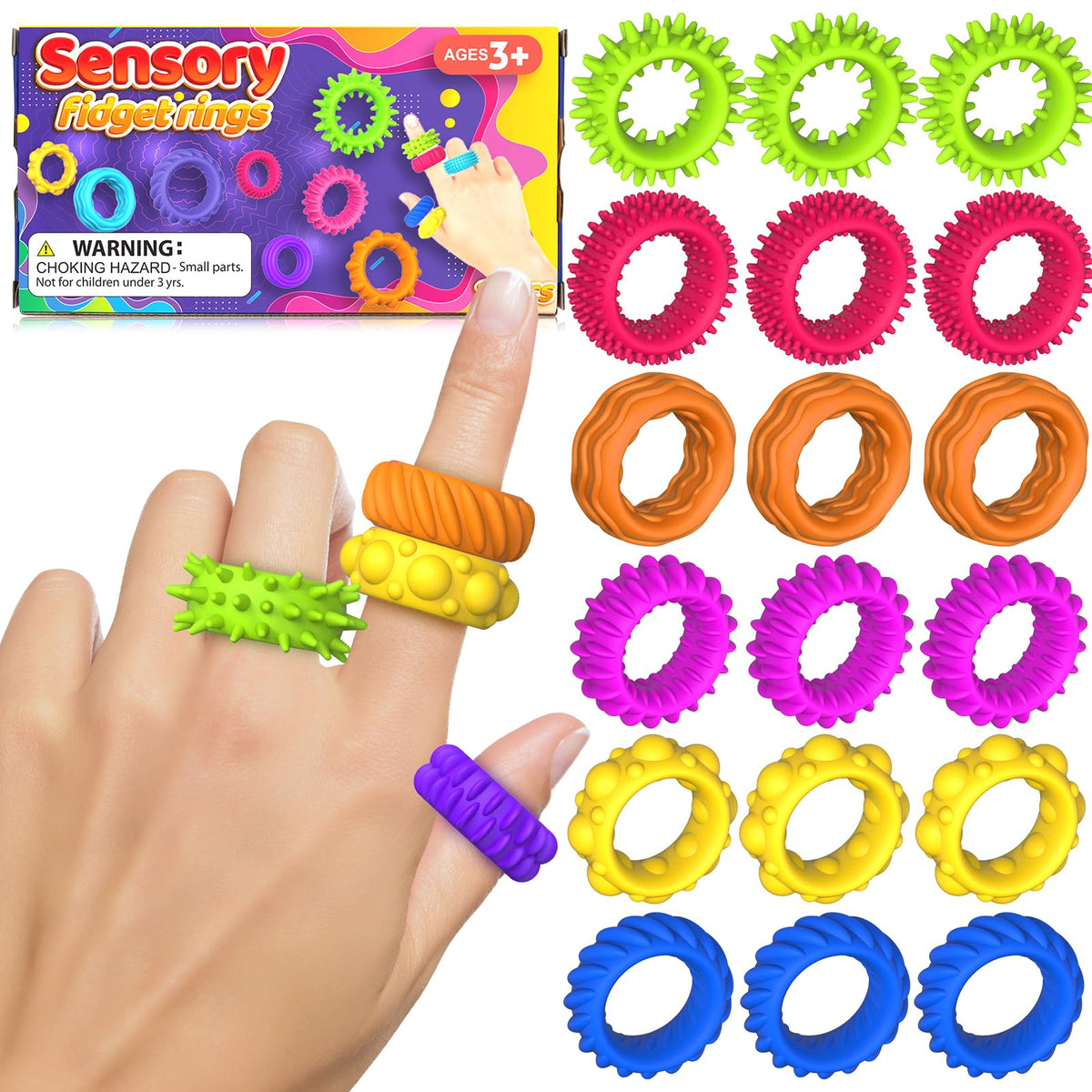 KLT fidget sensory rings 18-pack pack shot for quiet classroom focus.