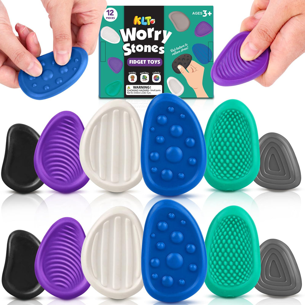 KLT fidget stones 12-pack with textured front view for calming tactile stimulation.