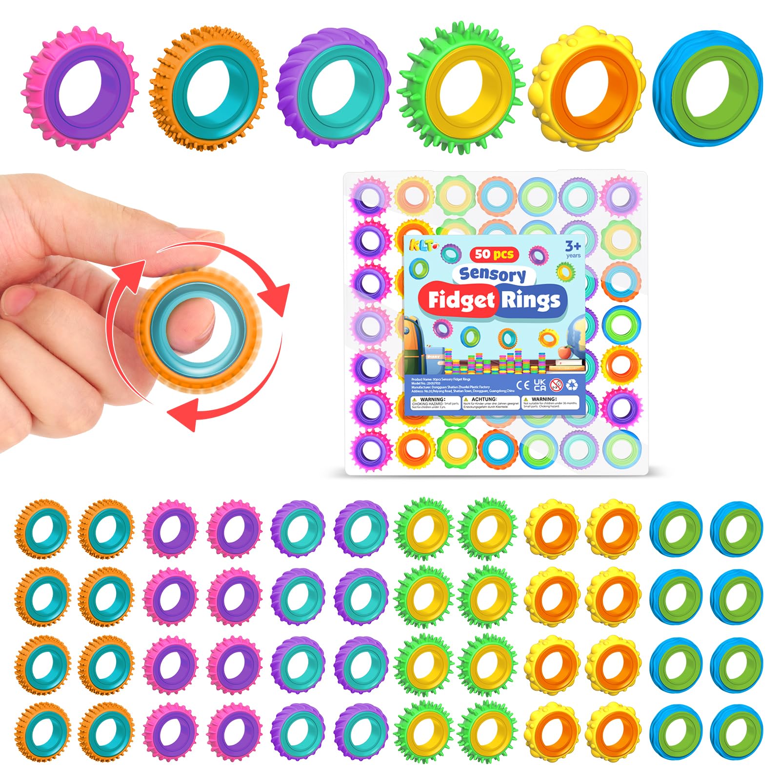 KLT texture spinner rings close-up in bright colors for calming tactile play
