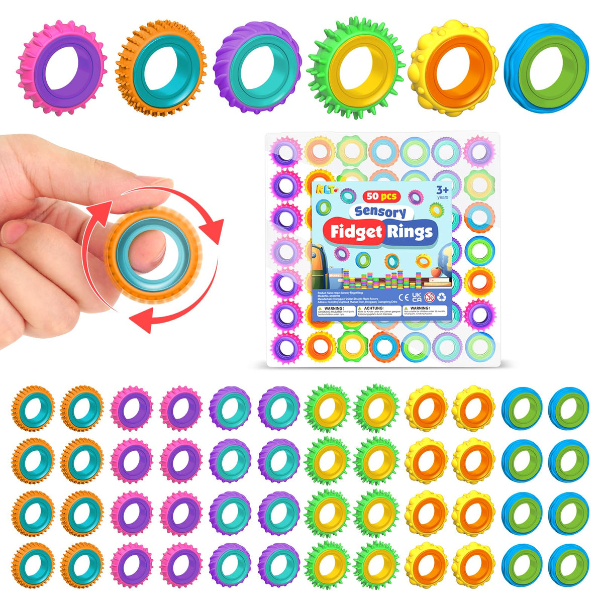 KLT texture spinner rings close-up in bright colors for calming tactile play