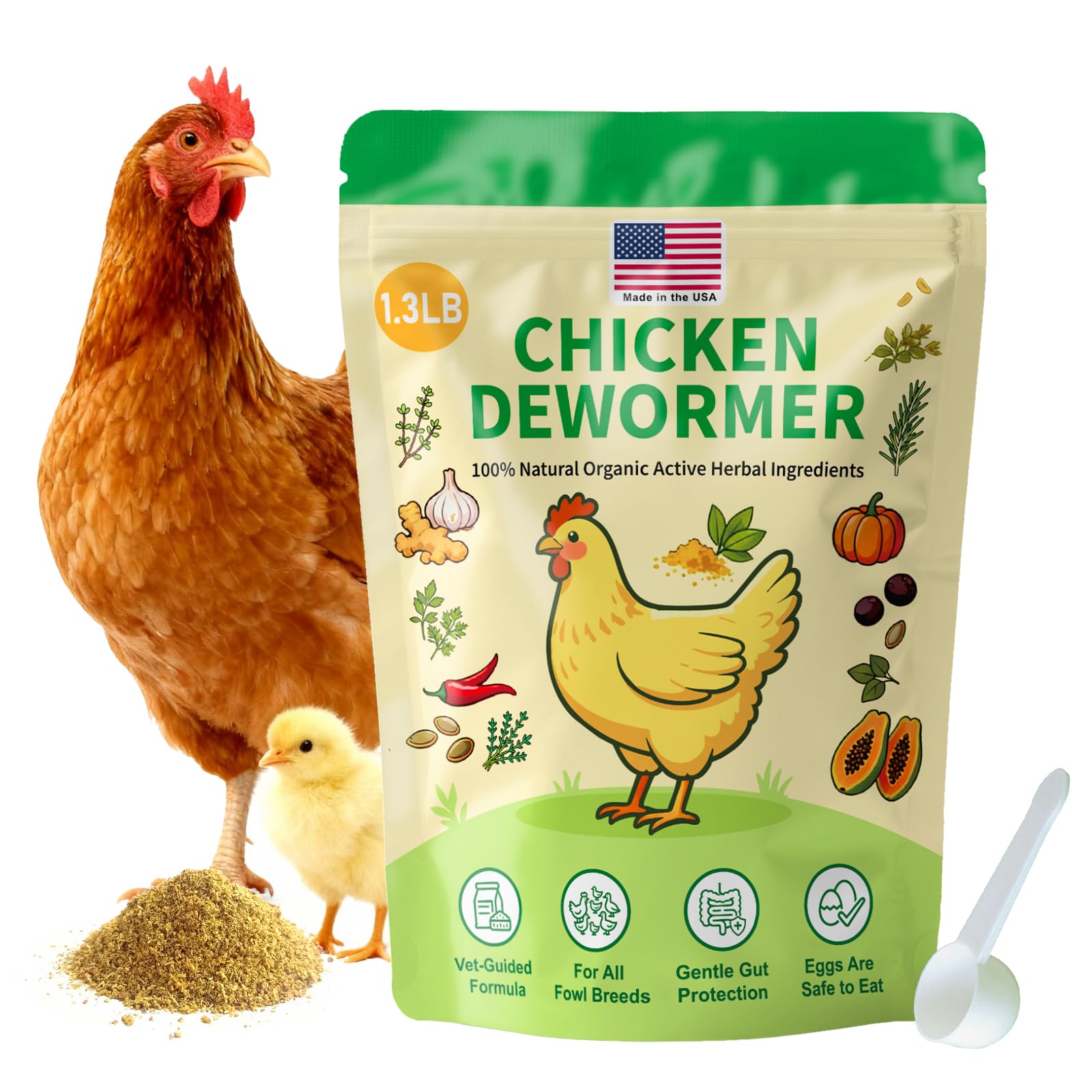 KLUORAN natural chicken de-wormer powder bottle for backyard flocks.